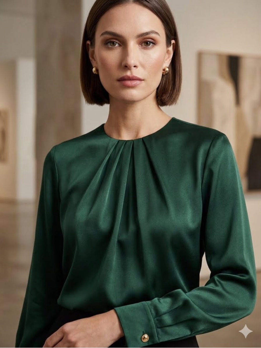 NWT Anne Klein Women's Green Satin Pleated Neck Blouse - MSRP $89
